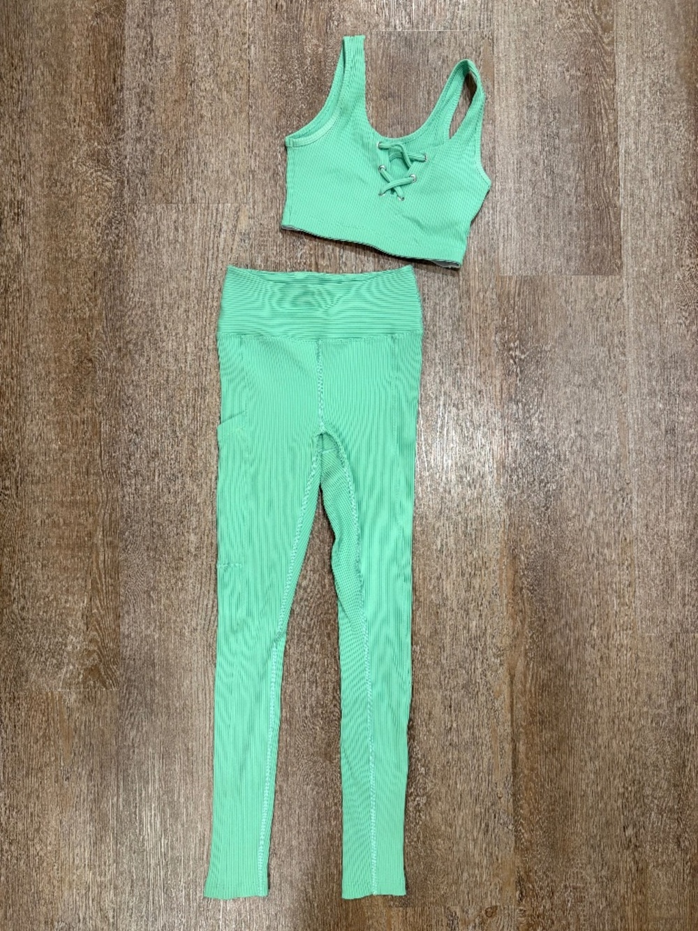 Year Of Ours Mint Green Ribbed Lace-Up Activewear Set - Size XS